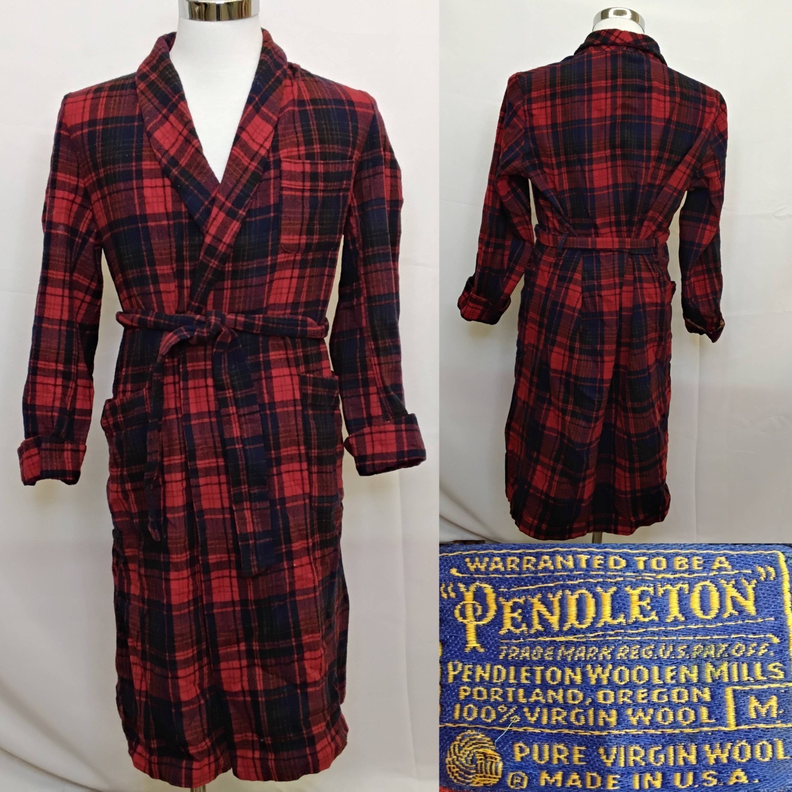 Pendleton Robe Men's M Plaid Red/Blue Tartan Wool Vintage 1960s Made Usa #J5197